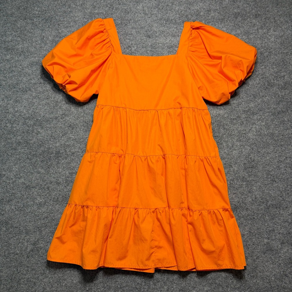 DAVI & DANI Orange Puff Sleeve Tiered Mini Dress Square Neck Babydoll DD30061